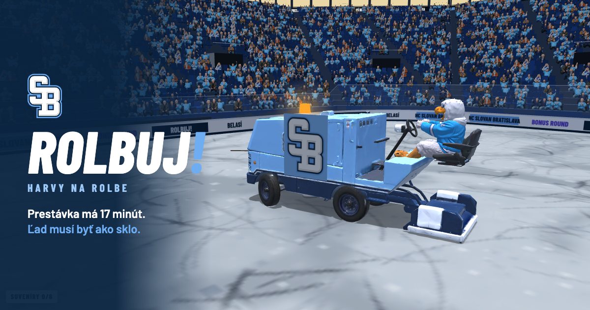 Harvy the mascot driving the ice resurfacer in ROLBUJ!